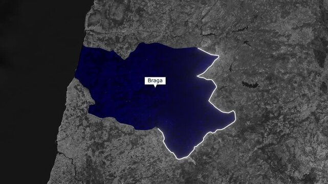 Braga Portugal District Map With Highlighted Administrative Region Animation