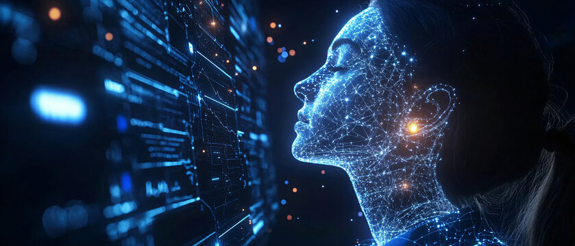 Female profile silhouette with mesh wireframe connecting to a digital screen interface