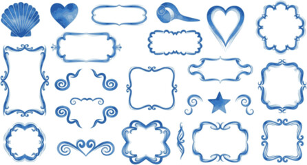 Collection of decorative blue watercolor frames and elements including shells hearts stars and swirls
