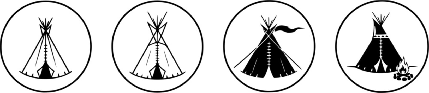 Tipi camp tent wigwam vector icons set. Round stickers for outdoor adventure. Native american indian teepee shelter symbol collection. Simple pictogram graphic design element.
