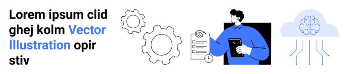 Data management, cloud storage, workflow processes, business technology, task automation, digital infrastructure. Gear icons, person holding a tablet and cloud network. Data management and cloud