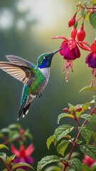 Fototapeta premium Hummingbird at Bloom: A vibrant hummingbird hovers near a cluster of blooming fuchsia flowers, its long beak perfectly positioned to sip nectar, showcasing the harmony of nature and wildlife.