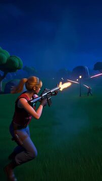 Stylized 3D video game mock-up gameplay of a female shooter character firing an assault rifle at enemies in a night battle royale field with explosions.