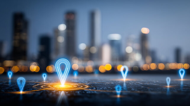 Location pins on a city map with skyline in the distance representing geolocation services and smart city navigation.
