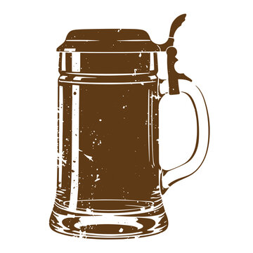 Grunge texture Brown beer stein with lid and handle on white background Vintage Style
