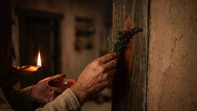 Ancient Ritual: Hands Applying Red Substance with Herb to Wooden Door Frame by Lamplight.