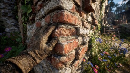 Closeup Of A Hand Inspecting Weathered Brick Wall In Ruins