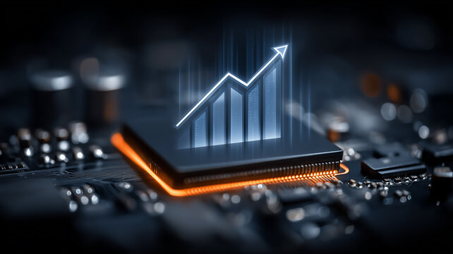 Microchip projecting an upward chart icon above a circuit board, representing data driven growth and financial technology.
