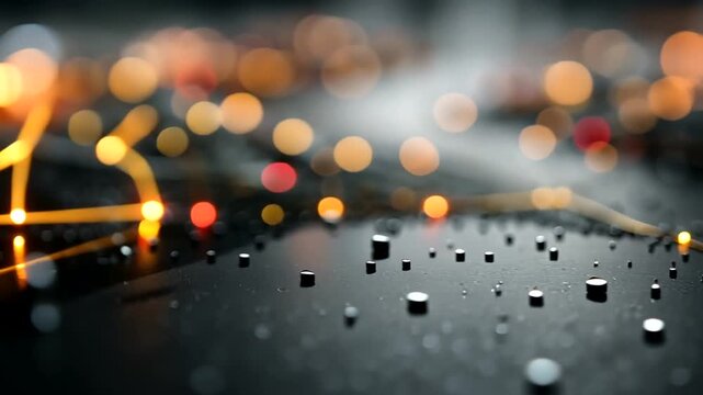 Abstract, dark surface with scattered metallic dots and blurred orange, yellow, and red lights