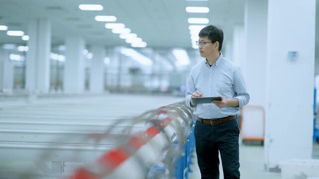 Male factory worker holding tablet while conducting inspection in industrial workshop