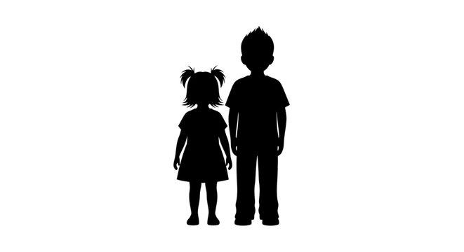 Silhouette of a boy and girl standing together facing away.