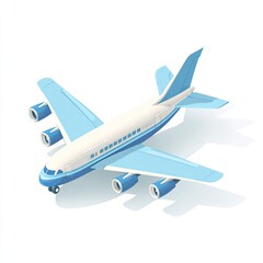 Isometric view of a large passenger aircraft with four engines and light blue accents