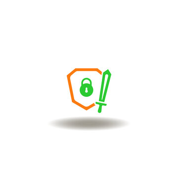 Vector illustration of shield with lock and sword. Icon of cyber secure tech. Symbol of CISO - Chief Information Security Officer Technology.