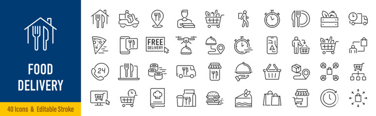 Food Delivery web icons in line style. Courier, food box, fast delivery, order, scooter, bycicle, collection. Editable stroke. Vector illustration.