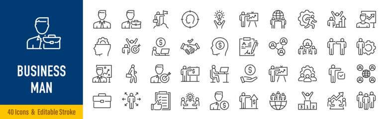 Businessman web icons in line style. Business presentation, meeting, partnership, business, collection. Editable stroke. Vector illustration.
