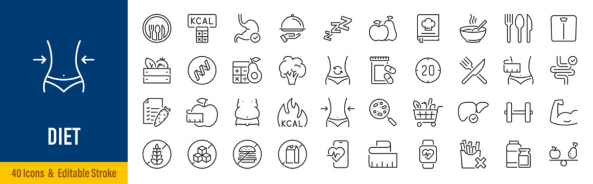 Diet web icons in line style. Healthy food, zero sugar, vegetables, water, sport, fitness, collection. Editable stroke. Vector illustration.