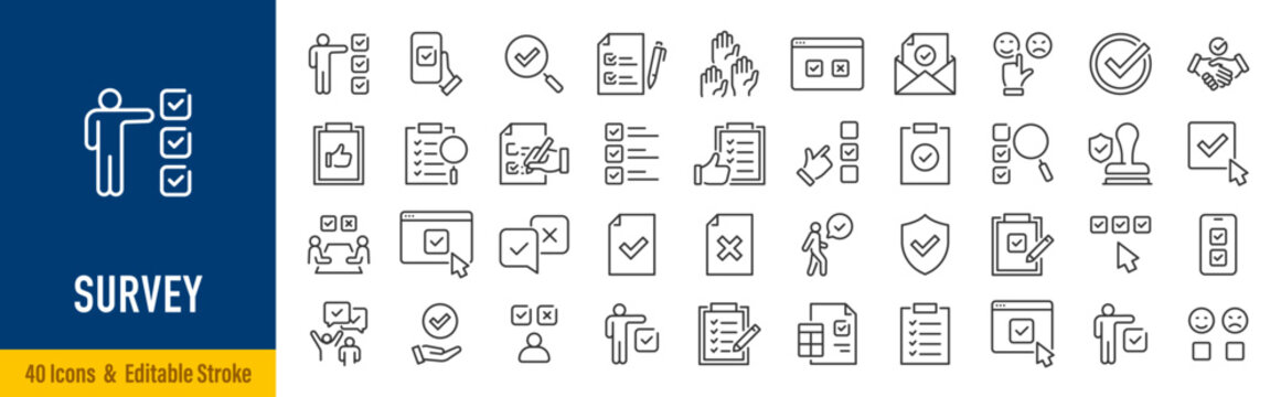 Survey web icons in line style. Opinions, rewiev, feedback, exam, collection.Editable stroke. Vector illustration.