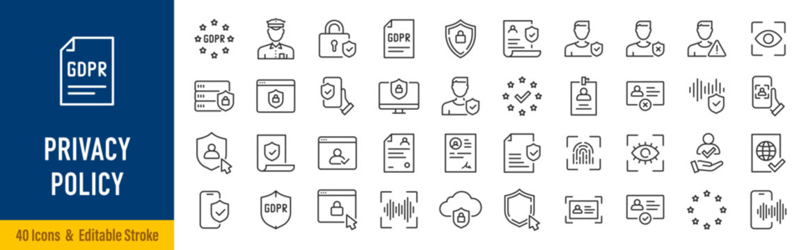 Privacy Policy web icons in line style. GDPR, security, data protection, shield, processing, data, collection. Editable stroke. Vector illustration.