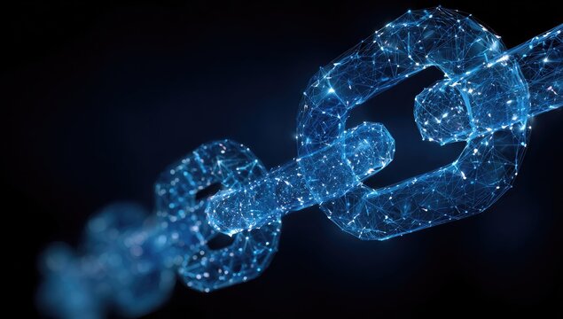 A digital chain, rendered with glowing blue nodes and lines, against a dark background