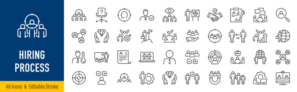 Hiring Process web icons in line style. Human resources, training, work, job, candidates, collection. Editable stroke. Vector illustration.