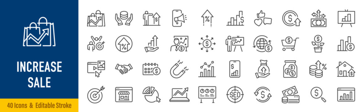 Increase sale web icons in line style. Sales, strategy, marketing, profit, vision, seo, collection. Editable stroke. Vector illustration.