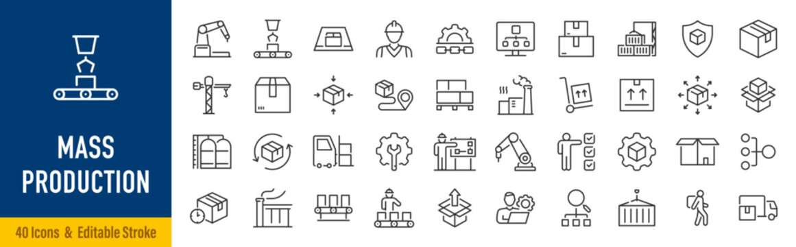 Mass Production web icons in line style. Robot, productive, workflow, industrial, automation, collection. Editable stroke. Vector illustration.