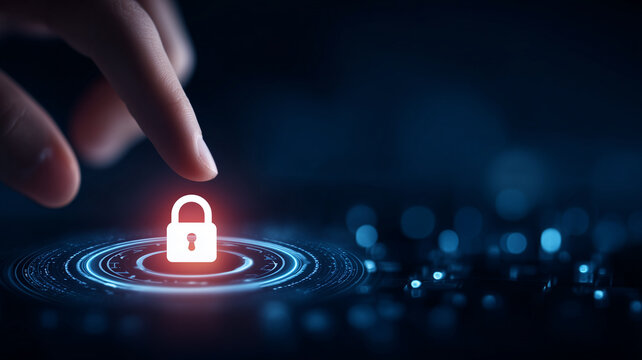Hand selecting a padlock symbol to represent cybersecurity access control and data protection.
