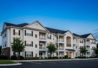 Obraz premium Modern apartment building with balconies in serene evening setting