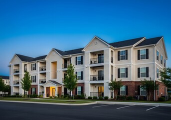 Obraz premium Modern apartment building with balconies in serene evening setting