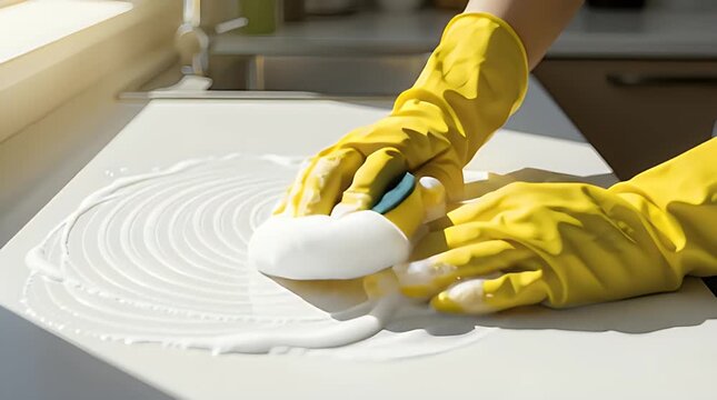 Close-up of hands in yellow gloves scrubbing a soapy surface with a sponge, conveying a sense of cleanliness and diligence