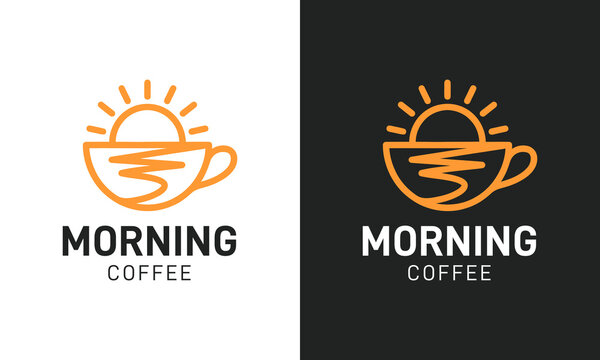 Coffee morning logo design vector illustration. Coffee cup design graphic with Sun design line style. Icon, symbols, creative