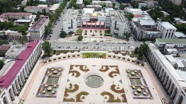 Pull away aerial shot of downtown Bishkek, Kyrgyzstan and Ala Too Square.
