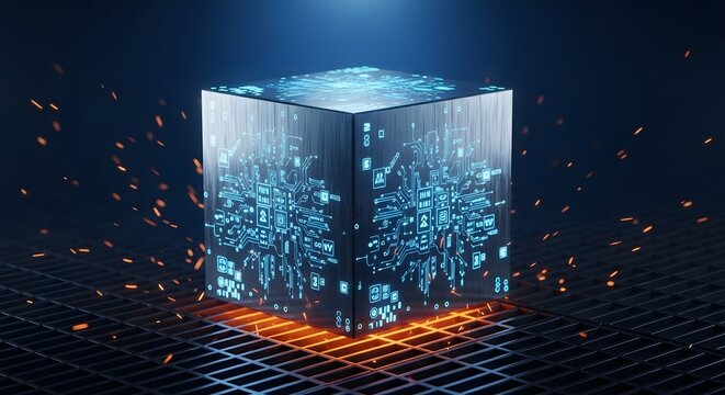 Futuristic digital cube with glowing blue circuit board on metal grid