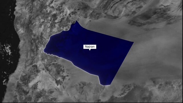 Najran Saudi Arabia Region Map Highlighted on Satellite Terrain Animation