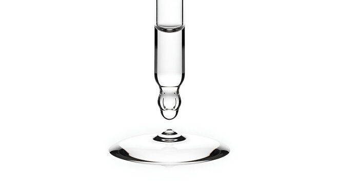 Precise clear liquid droplet falling from a glass laboratory pipette onto a reflective white surface, symbolizing scientific accuracy and pure cosmetic formulation