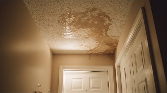 Water stain spreads across ceiling near door indicating possible roof or plumbing issue in home