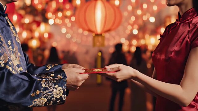 Couple Exchanging Red Envelope During Chinese New Year Celebration.