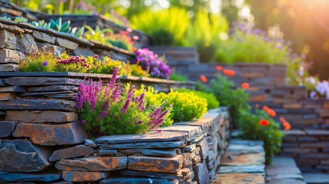 A stone retaining wall with colorful flowers growing on it