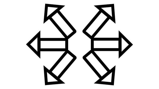 Animated icon of black outline arrows pointing in six directions. Concept of expansion, growth, diversity, and multiple choices.