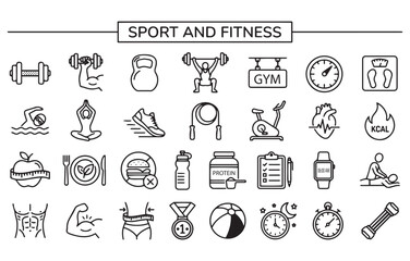 Fototapeta premium Sport and Fitness Icon Set Minimalist Thin Line Vector Symbols for Gym, Bodybuilding, Healthy Lifestyle, Nutrition, and Workout Activity