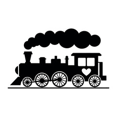 A black silhouette of a vintage steam train with a heart on the side, emitting smoke.