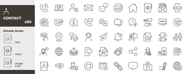 Contact and communication icon set. Phone, email, chat, support, help desk, address, location, customer service, contact us icons. Thin line editable stroke vector illustrations © Pedro