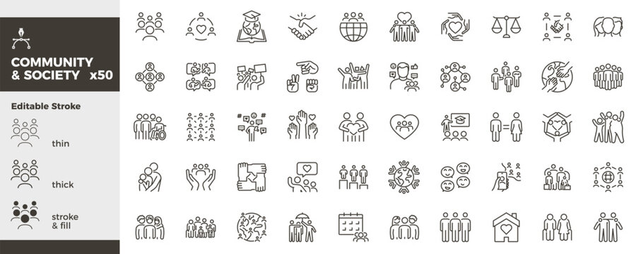 Community and society icon set. People, diversity, inclusion, teamwork, social support, equality, family, nonprofit icons. Thin line editable stroke vector illustrations.