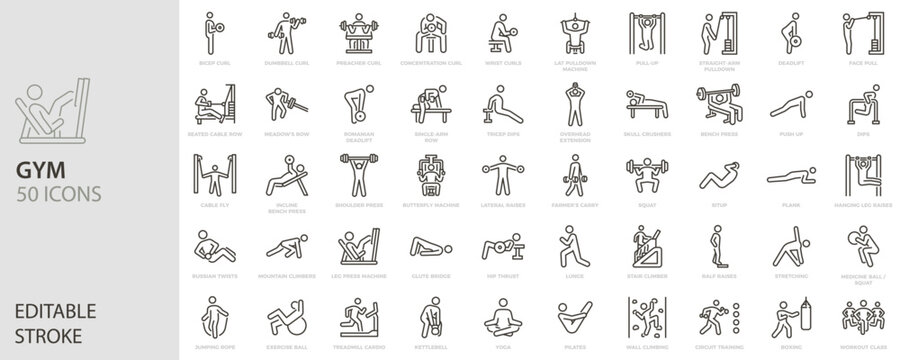 Gym, weightlifting and fitness training icon set. Exercises for all muscles with dumbbells, barbell and machines. Workout, strength, bodybuilding, icons. Line editable stroke vector illustrations.