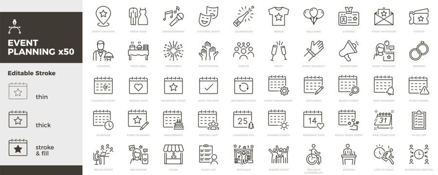 Event planning icon set. Calendar, schedule, invitation, party, celebration, booking, guests, management icons. Thin line editable stroke vector illustrations