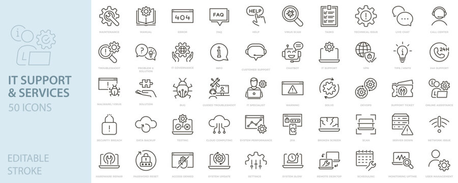 IT support and services icon set. Help desk, troubleshooting, technical services, computer maintenance, security, cloud, repair, customer support icons. Thin line editable stroke vector illustrations