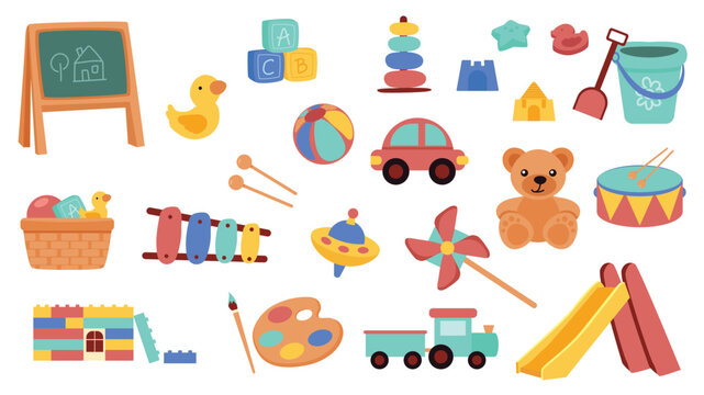Cute kids toys elements set design. Collection with kindergarten chalkboard, rubber duck, blocks, pyramid, sandbox molds, scoop and shovel, car, ball, teddy bear, xylophone, more. Vector illustration.