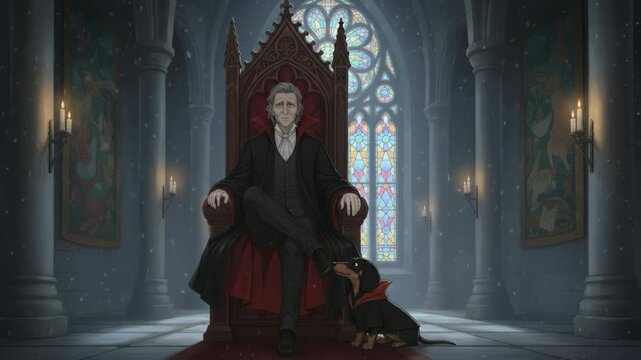 Mysterious vampire in gothic throne room with loyal companion under flickering candlelight