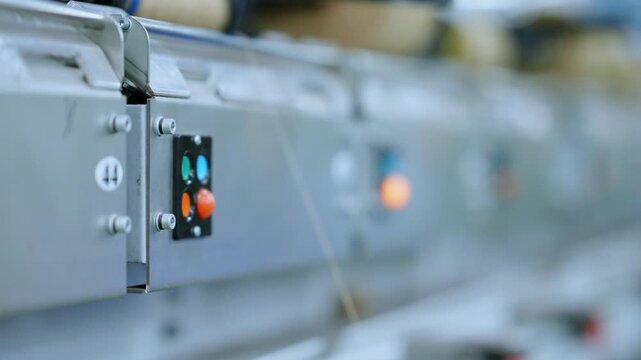 Close-up of indicator lights on an industrial control cabinet panel