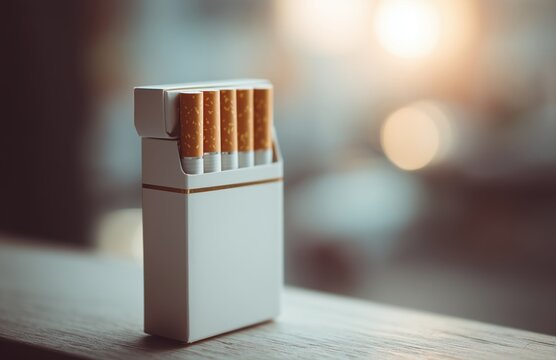 Plain cigarette pack on table with soft bokeh lights